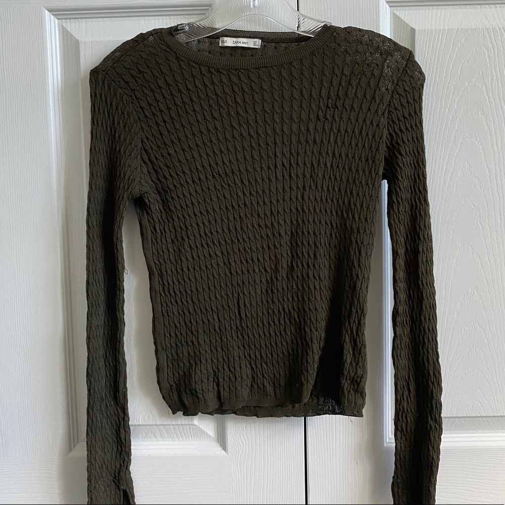 zara knit olive green fitted long sleeve top